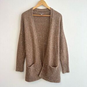 J. Jill Womens Small Brown Wool Open Cardigan Sweater Pockets Sequin Sparkle